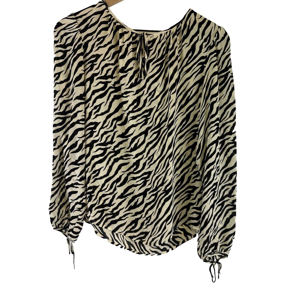 Pursuits Ltd Vintage Silk Blouse Long Sleeve Black Zebra Striped‎ Tie Neck Small